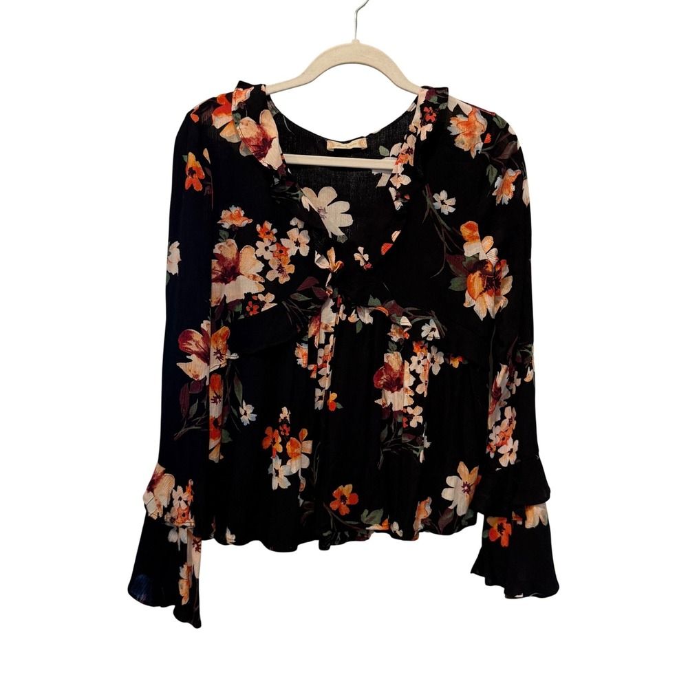 Altar'd State Womens Boho Floral Blouse Bell Sleeve Small Black Peplum Babydoll
